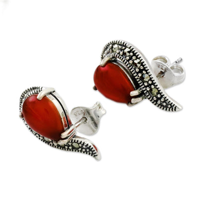 Victorian Lady Button Earrings with Marcasite and Orange-Red Onyx