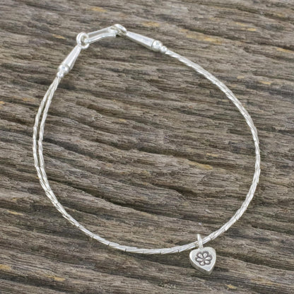 Heart and Charm Thai Karen Silver Beaded Bracelet with Heart Shaped Charm