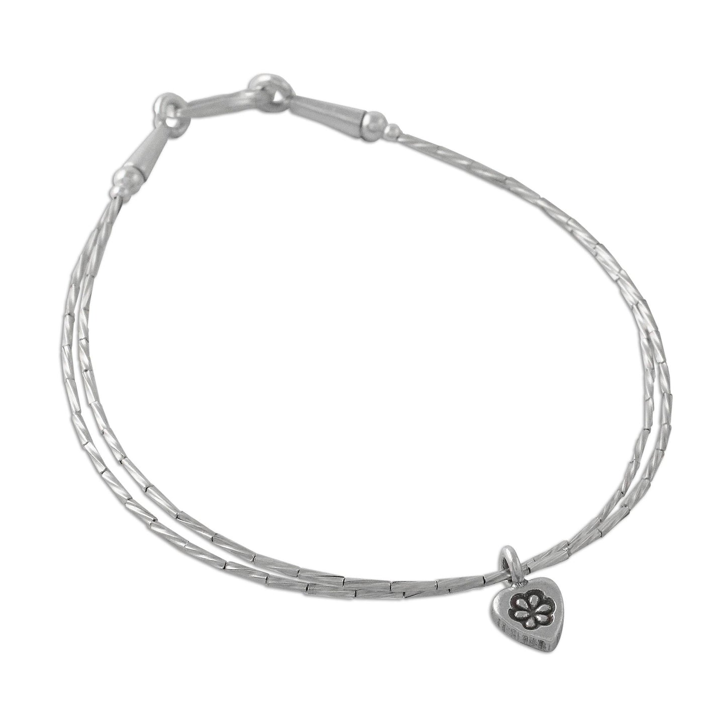 Heart and Charm Thai Karen Silver Beaded Bracelet with Heart Shaped Charm