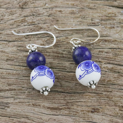 Ming Lotus Artisan Handmade 925 Sterling Silver Lapis Lazuli Earrings