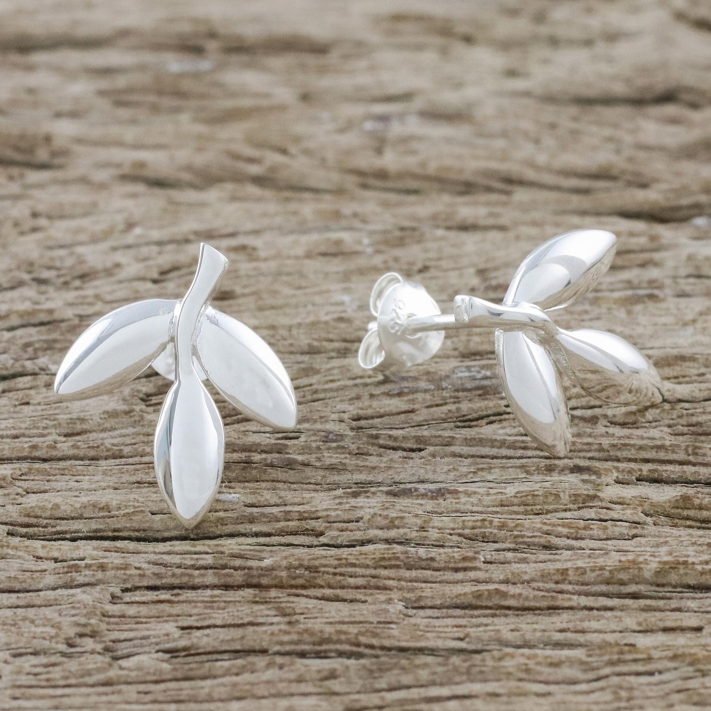 Olive Leaves Leaf-Shaped Sterling Silver Button Earrings from Thailand