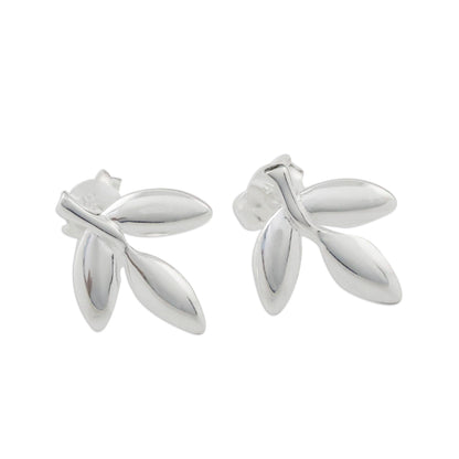 Olive Leaves Leaf-Shaped Sterling Silver Button Earrings from Thailand