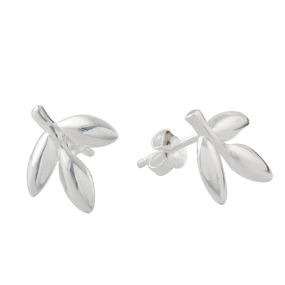 Olive Leaves Leaf-Shaped Sterling Silver Button Earrings from Thailand