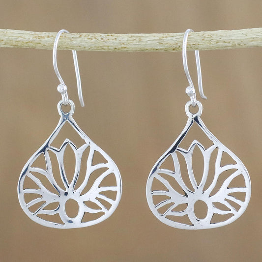 Shimmering Lotus Lotus-Shaped Sterling Silver Dangle Earrings from Thailand