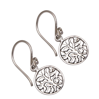 Leafy Windows Circular Tree Sterling Silver Dangle Earrings from Bali