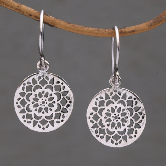 Enchanting Mandalas Round Sterling Silver Mandala Flower Earrings from Bali