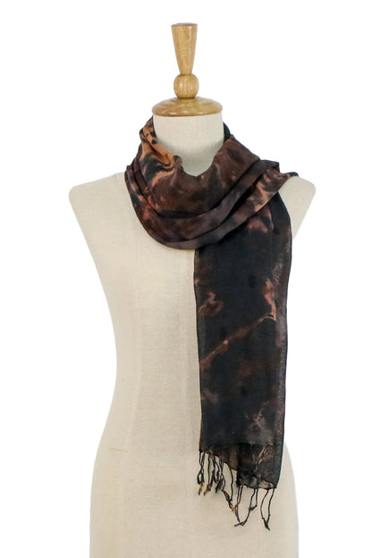 Subtle Colors Tie-Dyed Fringed Cotton Wrap Scarf in Brown from Thailand