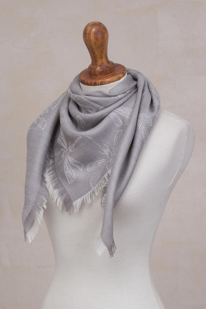Dragonfly in Pearl Grey Baby Alpaca and Silk Blend Grey Dragonfly Reversible Scarf