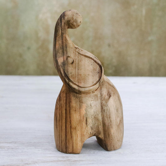 Joyful Elephant Handmade Raintree Wood Elephant Statuette from Thailand