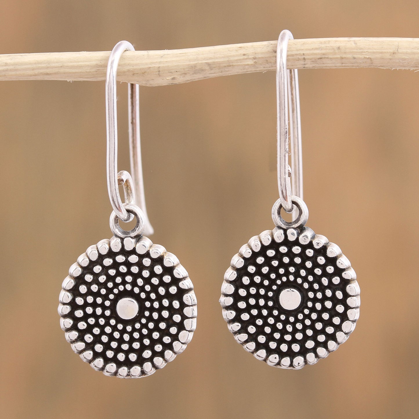 Spiraling Splendor Handcrafted Round Sterling Silver Dangle Earrings