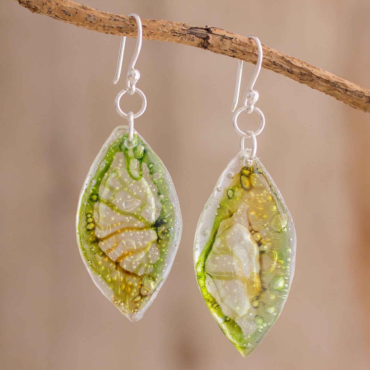 Leafy Forest Green Recycled CD Dangle Earrings from Guatemala