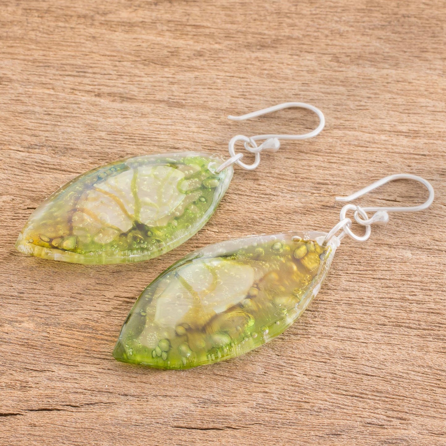 Leafy Forest Green Recycled CD Dangle Earrings from Guatemala