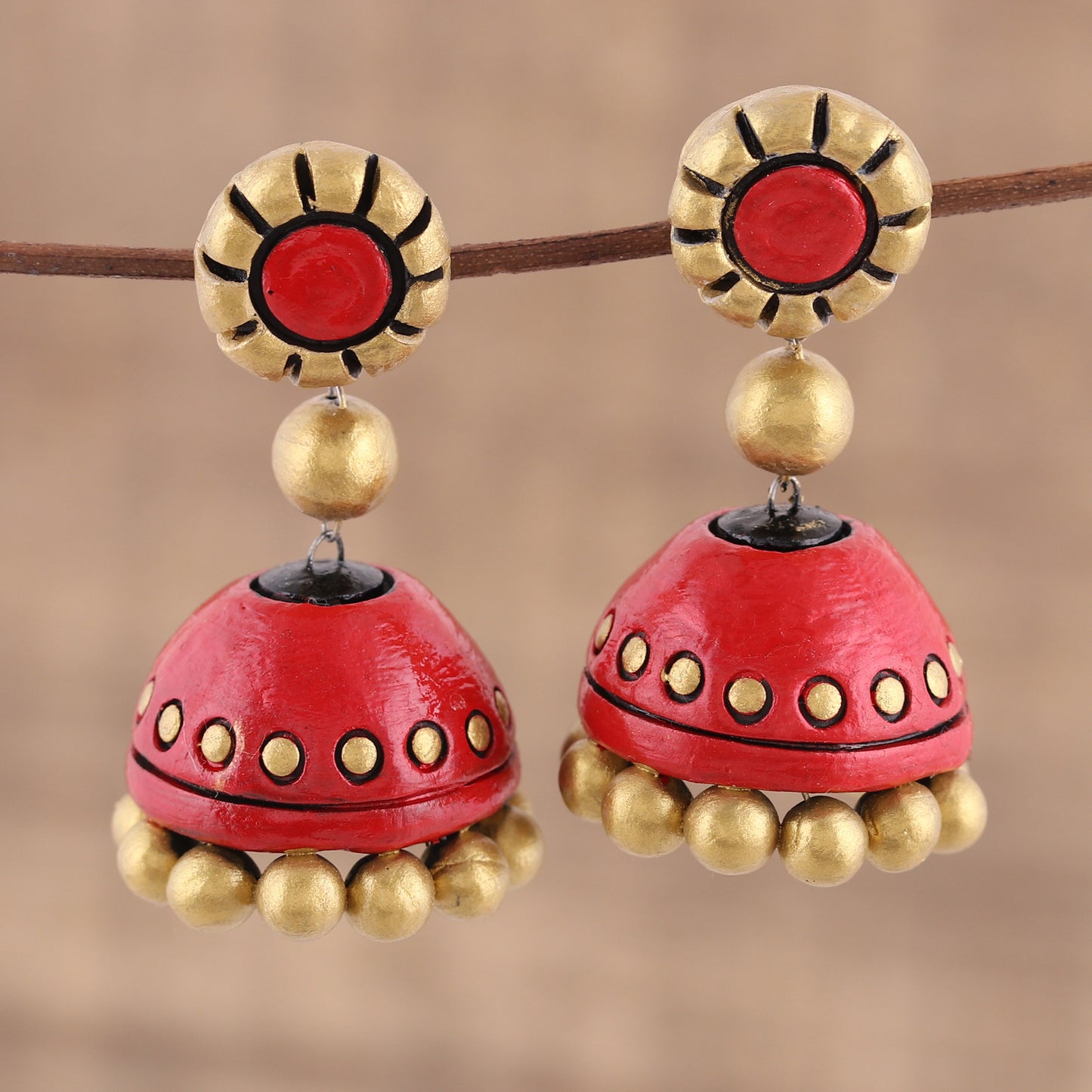 Golden Passion Red and Gold Ceramic Dangle Earrings Crafted in India