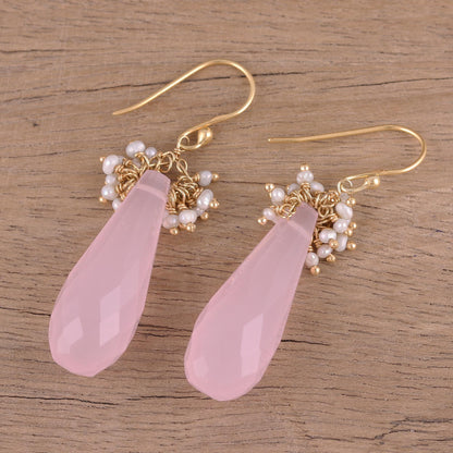 Devoted Rose Handmade 22k Gold Plated Rose Quartz Cultured Pearl Earrings