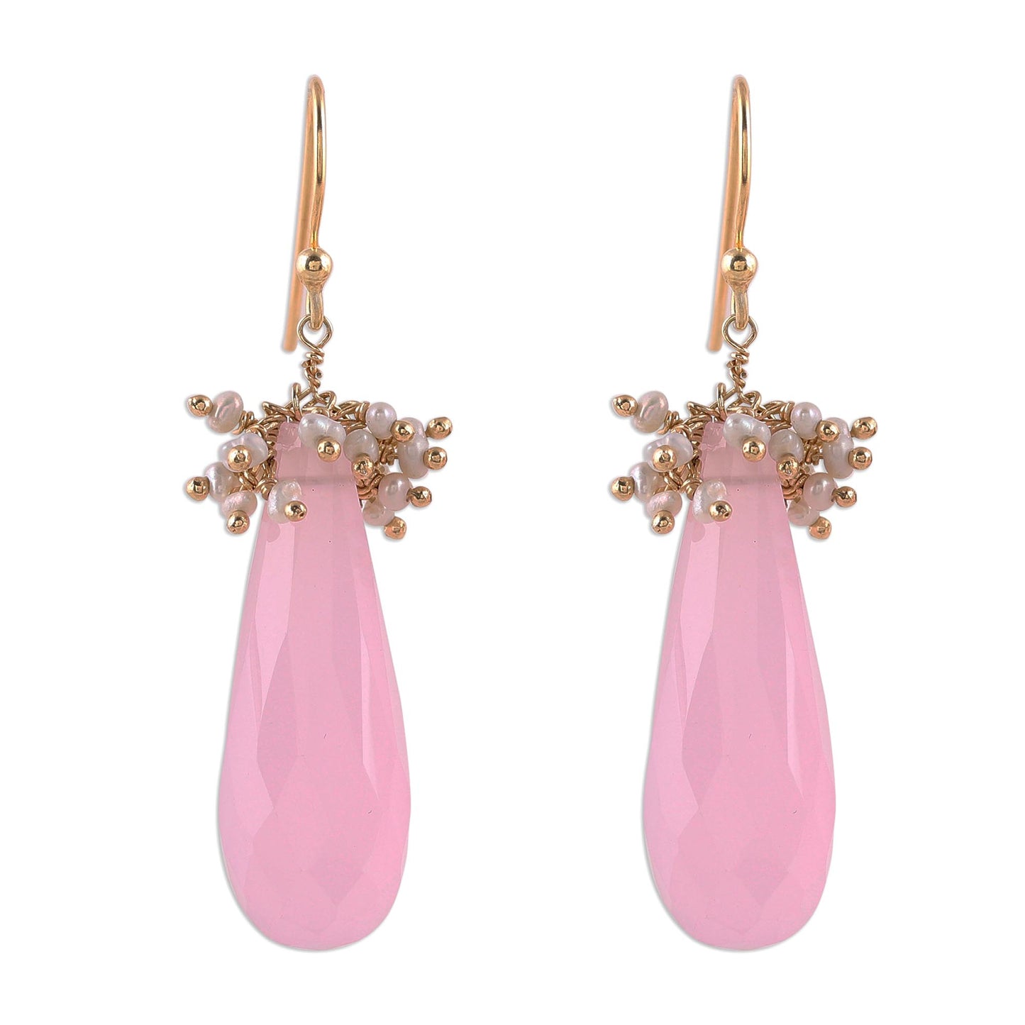 Devoted Rose Handmade 22k Gold Plated Rose Quartz Cultured Pearl Earrings