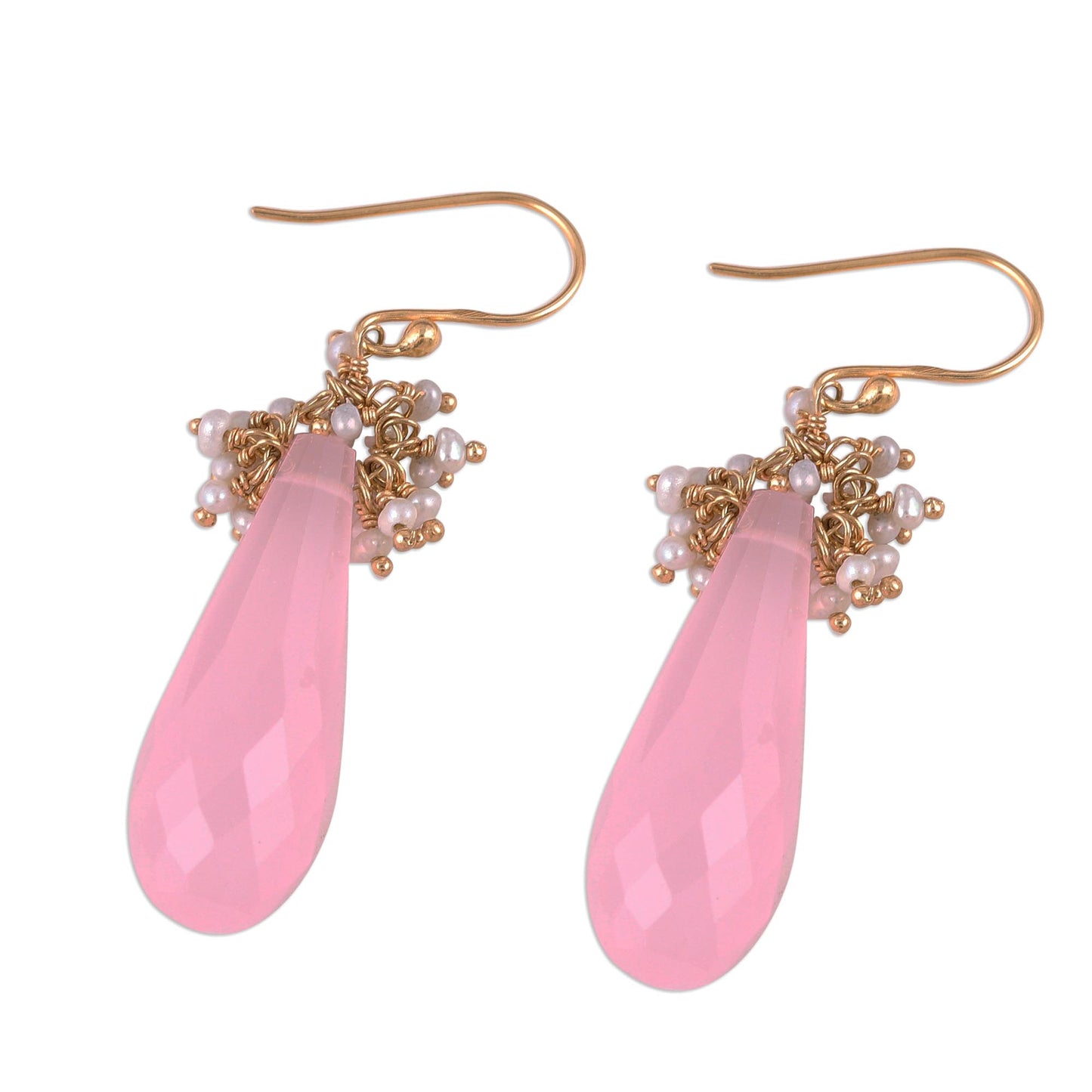 Devoted Rose Handmade 22k Gold Plated Rose Quartz Cultured Pearl Earrings