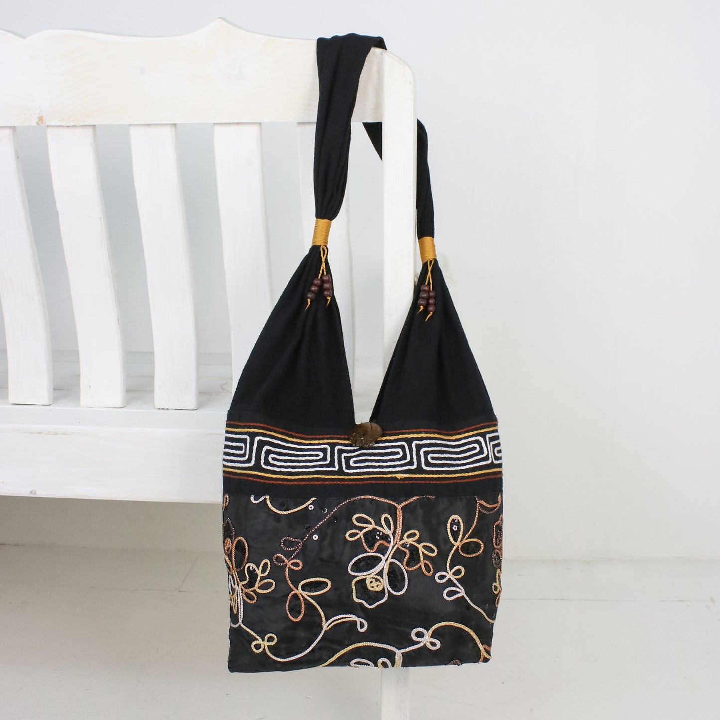 Floral Nighttime Floral Cotton Shoulder Bag from Thailand