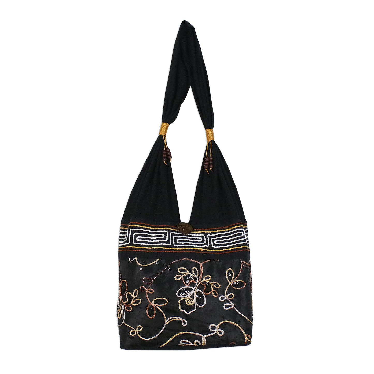 Floral Nighttime Floral Cotton Shoulder Bag from Thailand