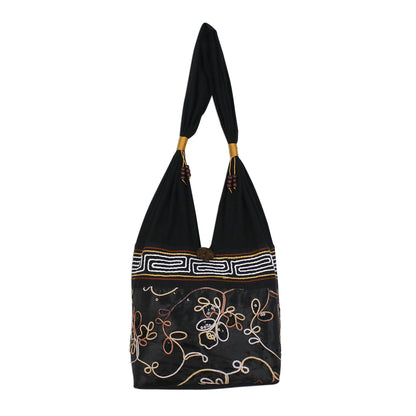 Floral Nighttime Floral Cotton Shoulder Bag from Thailand