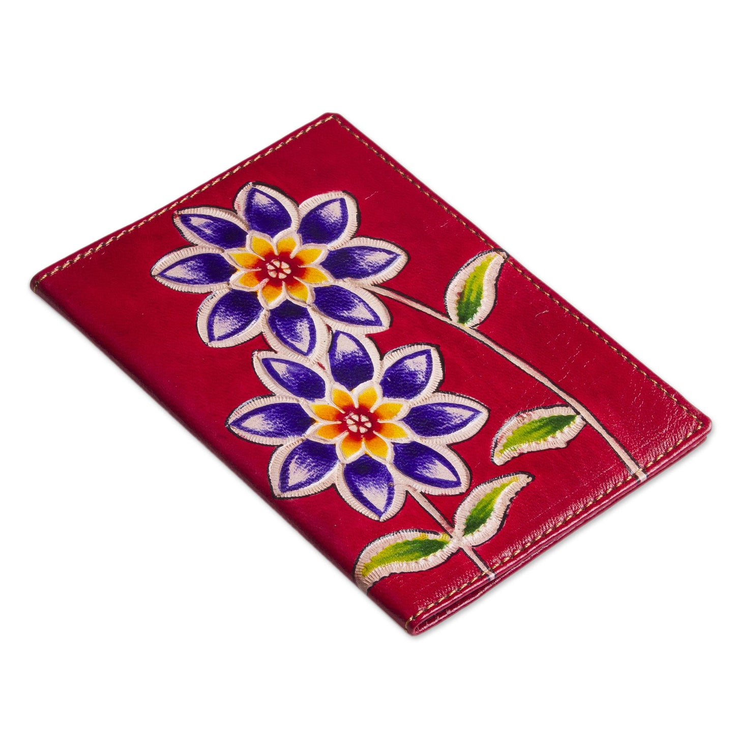 Lovely Traveler in Red Red Leather Passport Cover with Hand Painted Flowers