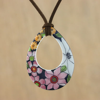 Bursting Blooms Ceramic Floral Pendant Necklace on a Faux Suede Cord