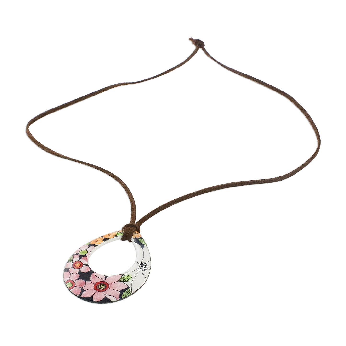 Bursting Blooms Ceramic Floral Pendant Necklace on a Faux Suede Cord