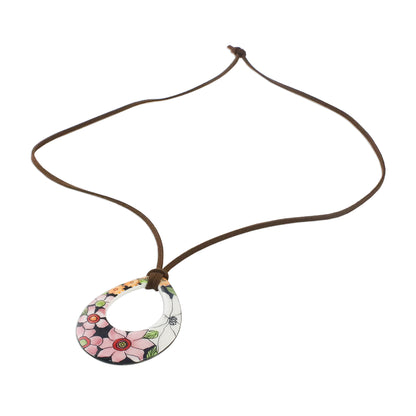 Bursting Blooms Ceramic Floral Pendant Necklace on a Faux Suede Cord