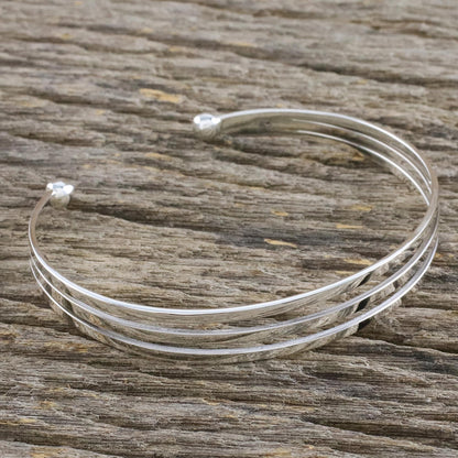 Aligned Trio Sterling Silver Wire Narrow Cuff Bracelet
