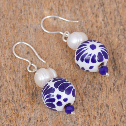 Indigo Bloom Cultured Pearl and Ceramic Puebla-Style Bead Dangle Earrings