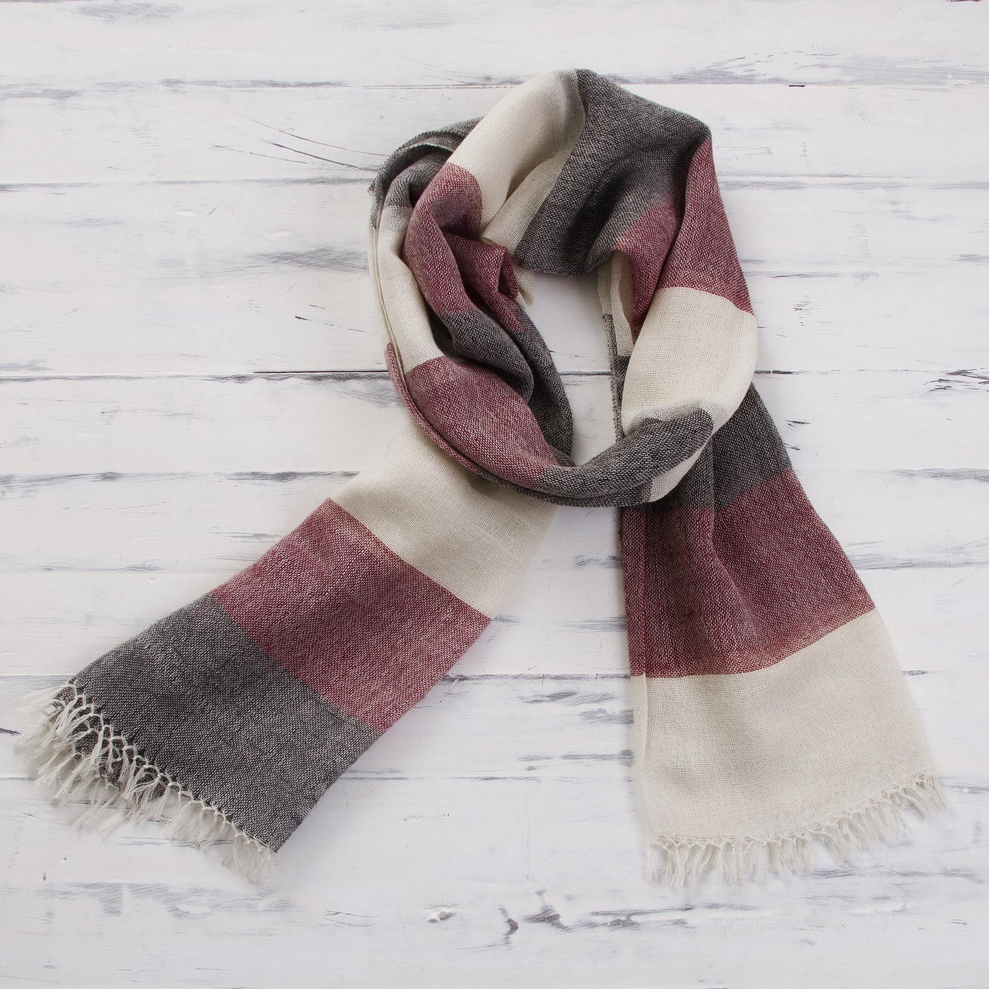 Favorite Cabernet 100% Alpaca Wool Dark Red Off White and Black Striped Scarf