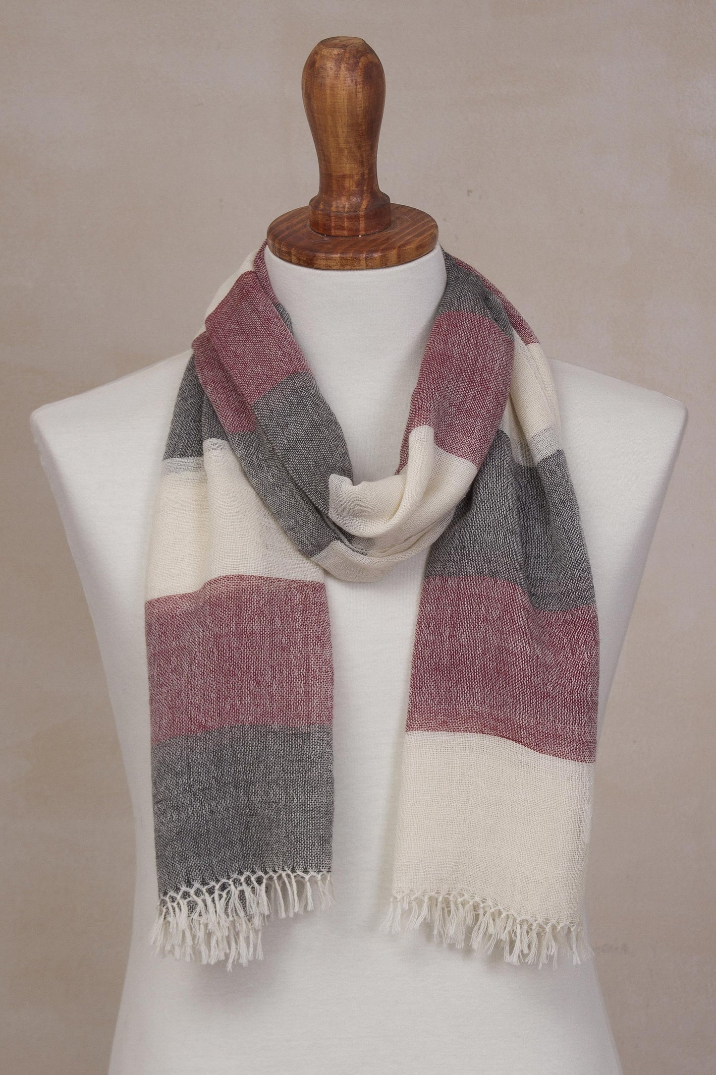 Favorite Cabernet 100% Alpaca Wool Dark Red Off White and Black Striped Scarf