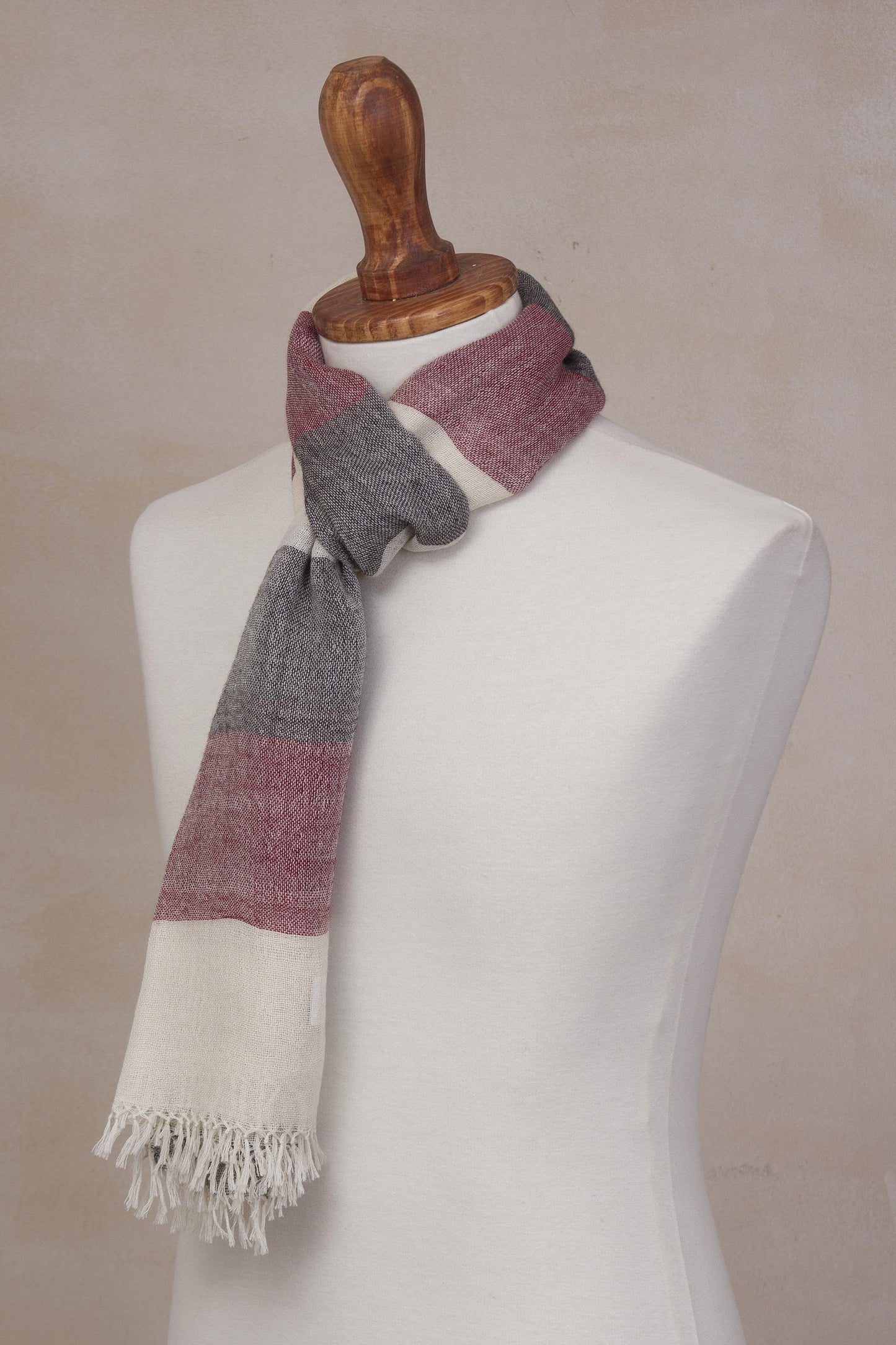 Favorite Cabernet 100% Alpaca Wool Dark Red Off White and Black Striped Scarf