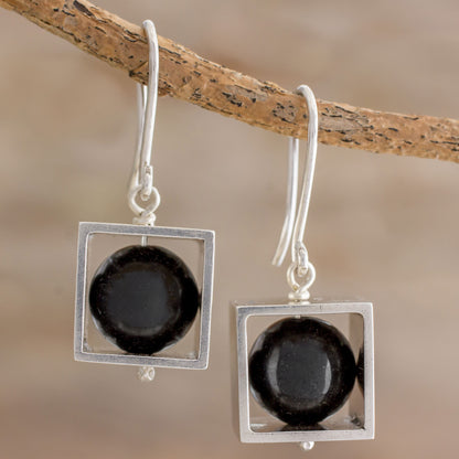 Frames Square Sterling Silver Frame with Onyx Orb Dangle Earrings