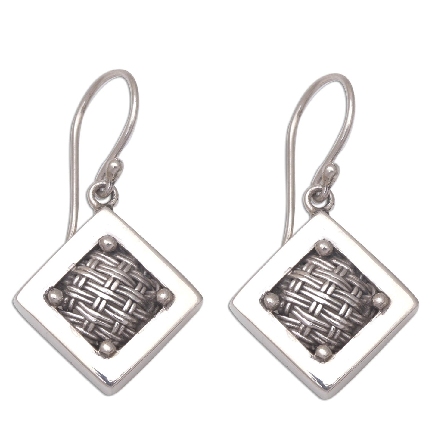 Weaving Ketupats Woven Sterling Silver Diamond Shaped Dangle Earrings