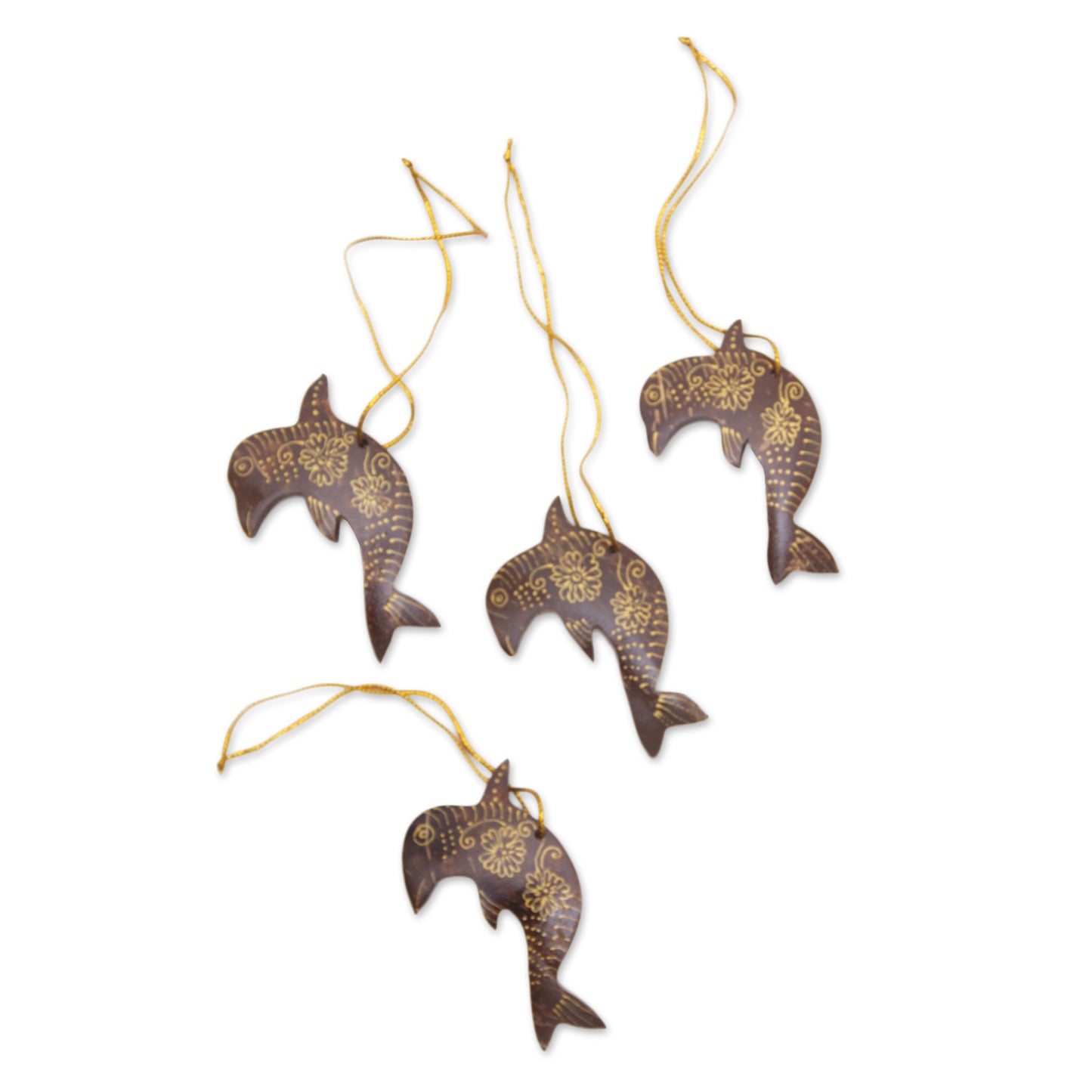 Dolphin Echo Set of 4 Handmade Brown Coconut Shell Dolphin Ornaments