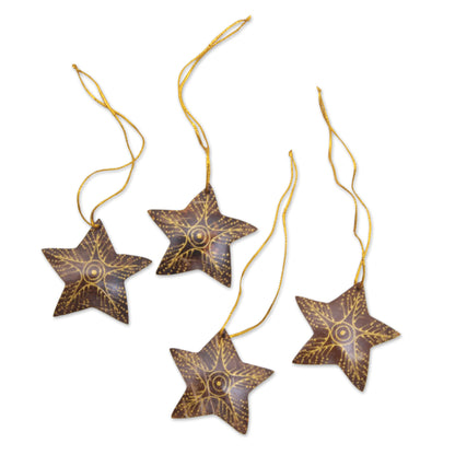 Bright Lights in the Sky Set of 4 Handmade Brown Coconut Shell Star Ornaments