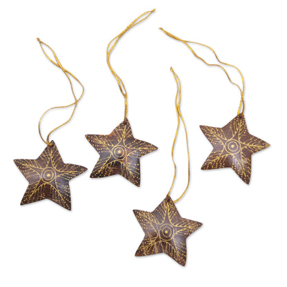 Bright Lights in the Sky Set of 4 Handmade Brown Coconut Shell Star Ornaments