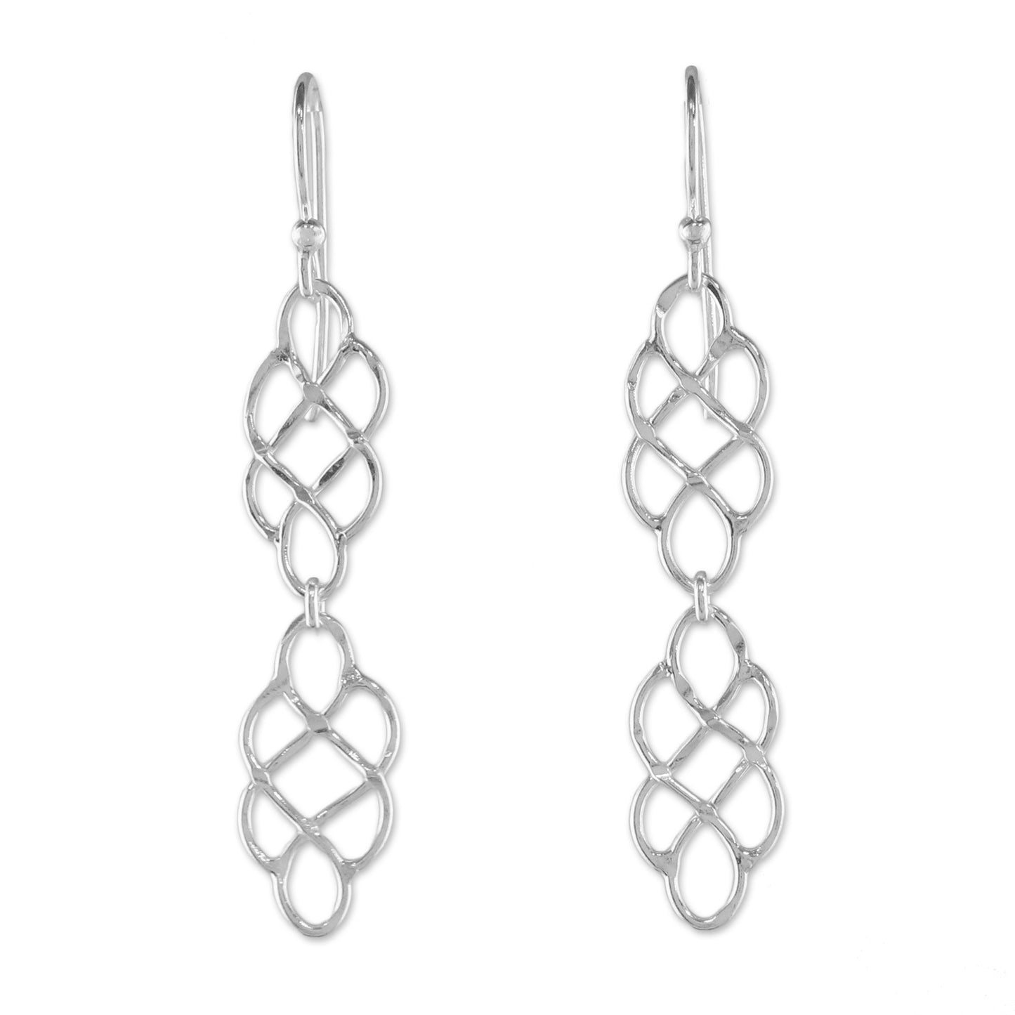 Metallic Lace 925 Sterling Silver Long Dangle Earrings with Hook Ear Wires