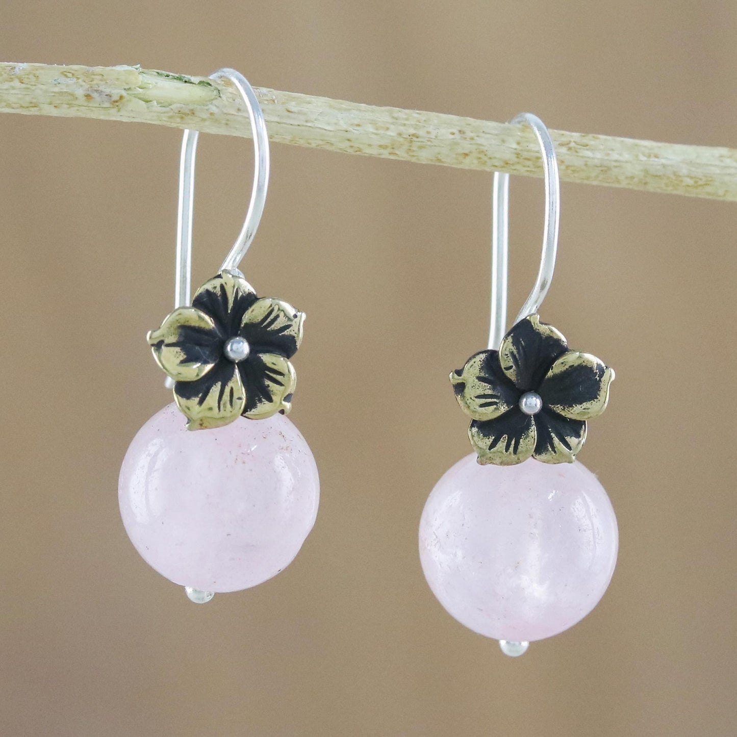 Lunar Florescence Hand Crafted Rose Quartz Dangle Earrings with Brass Flower