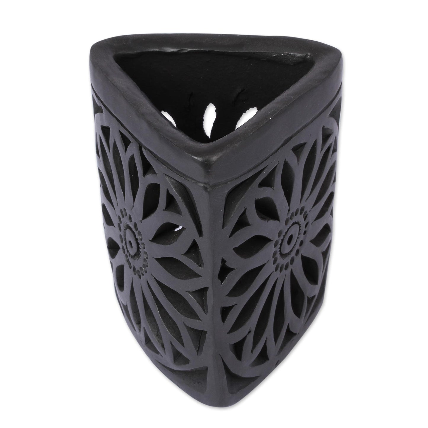 Oaxacan Dusk Oaxaca Barro Negro Triangular Floral Ceramic Pencil Holder