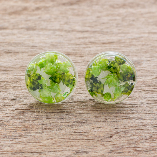 Eternal Bouquet in Green Green Flower in Clear Resin Button Earrings from Costa Rica