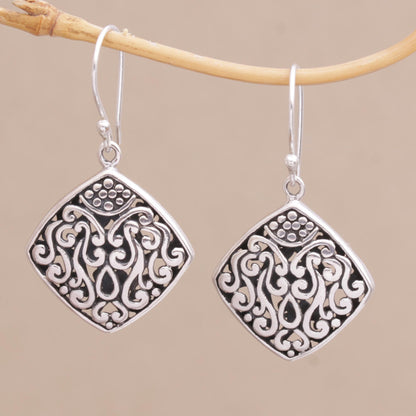 Paradise Window Sterling Silver Diamond-Shaped Scroll Work Dangle Earrings