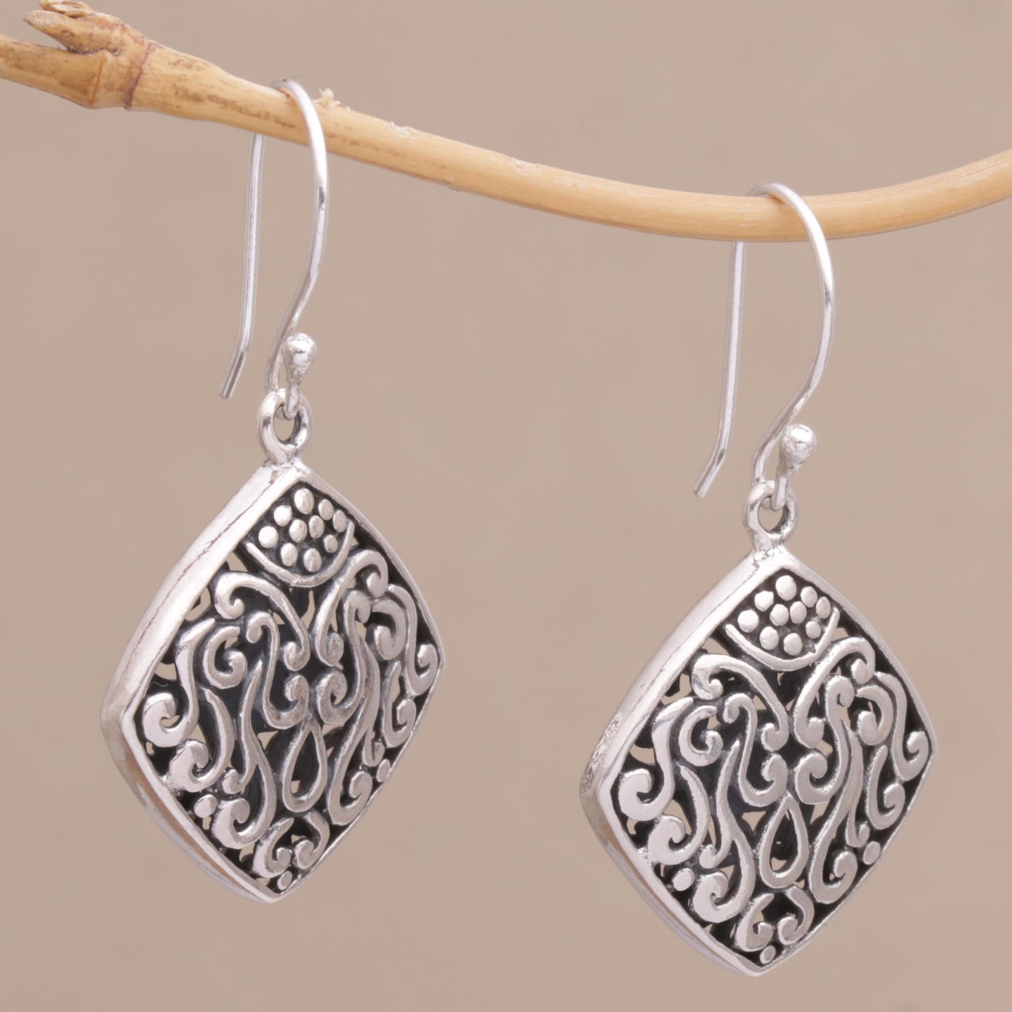 Paradise Window Sterling Silver Diamond-Shaped Scroll Work Dangle Earrings