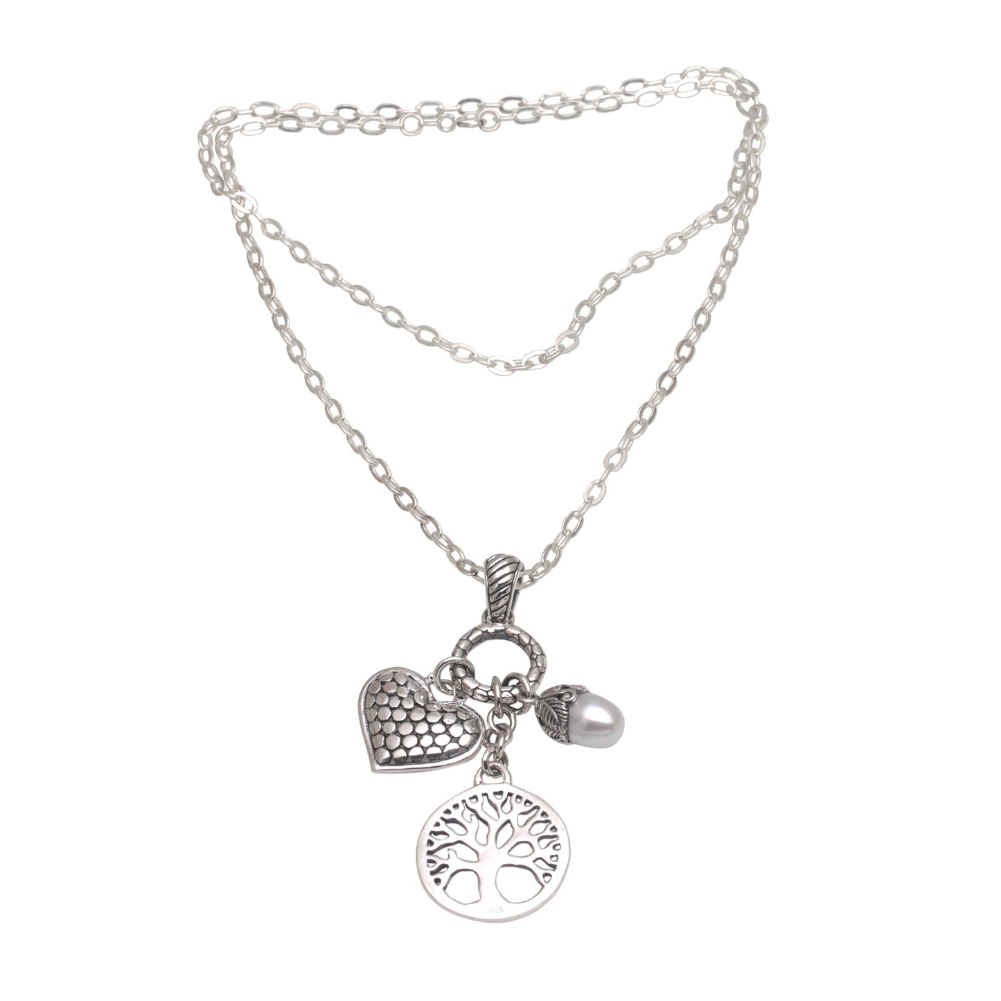 Love in the Forest Heart and Tree Cultured Pearl Pendant Necklace from Bali