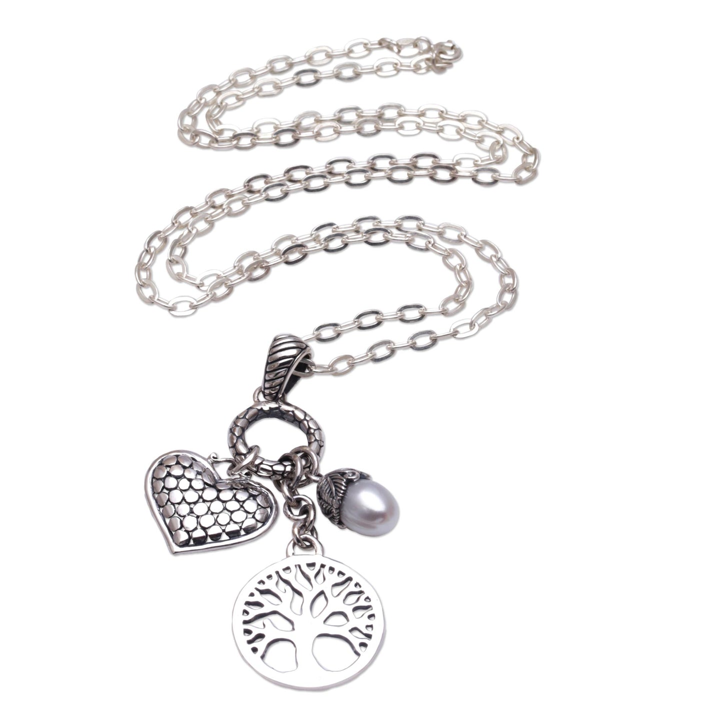 Love in the Forest Heart and Tree Cultured Pearl Pendant Necklace from Bali