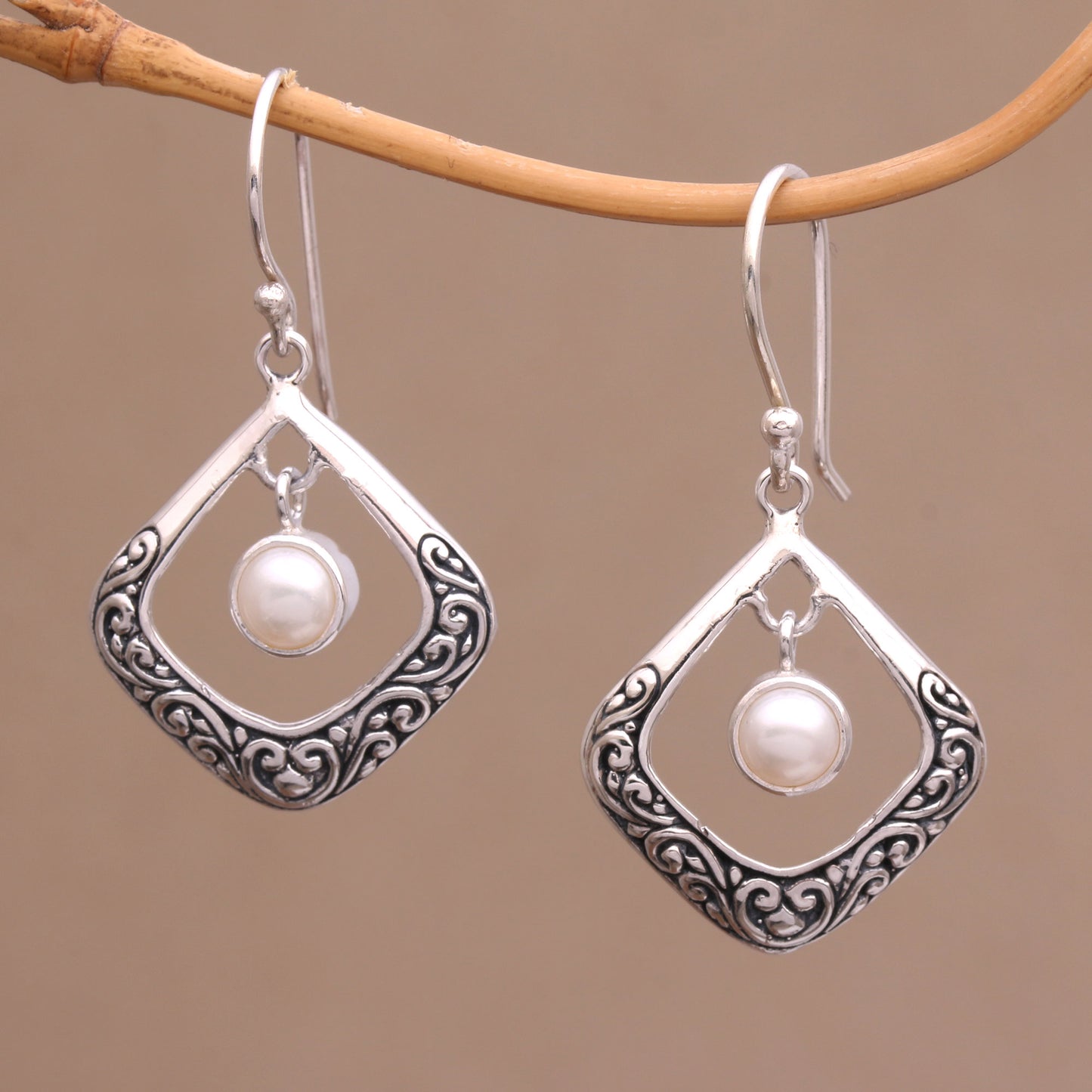 Elegant Reverie Cultured Pearl Sterling Silver Dangle Earrings from Bali