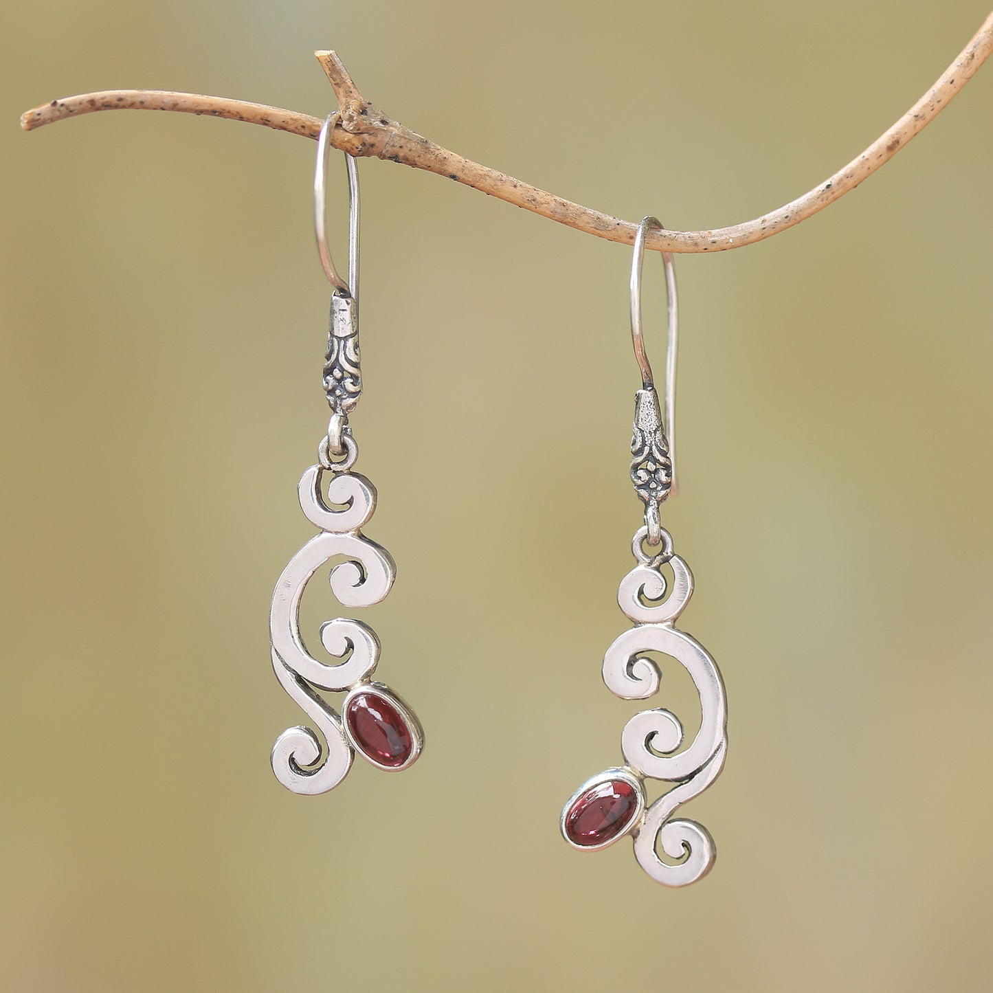 Tropical Treasure Curl Pattern Garnet Dangle Earrings from Bali