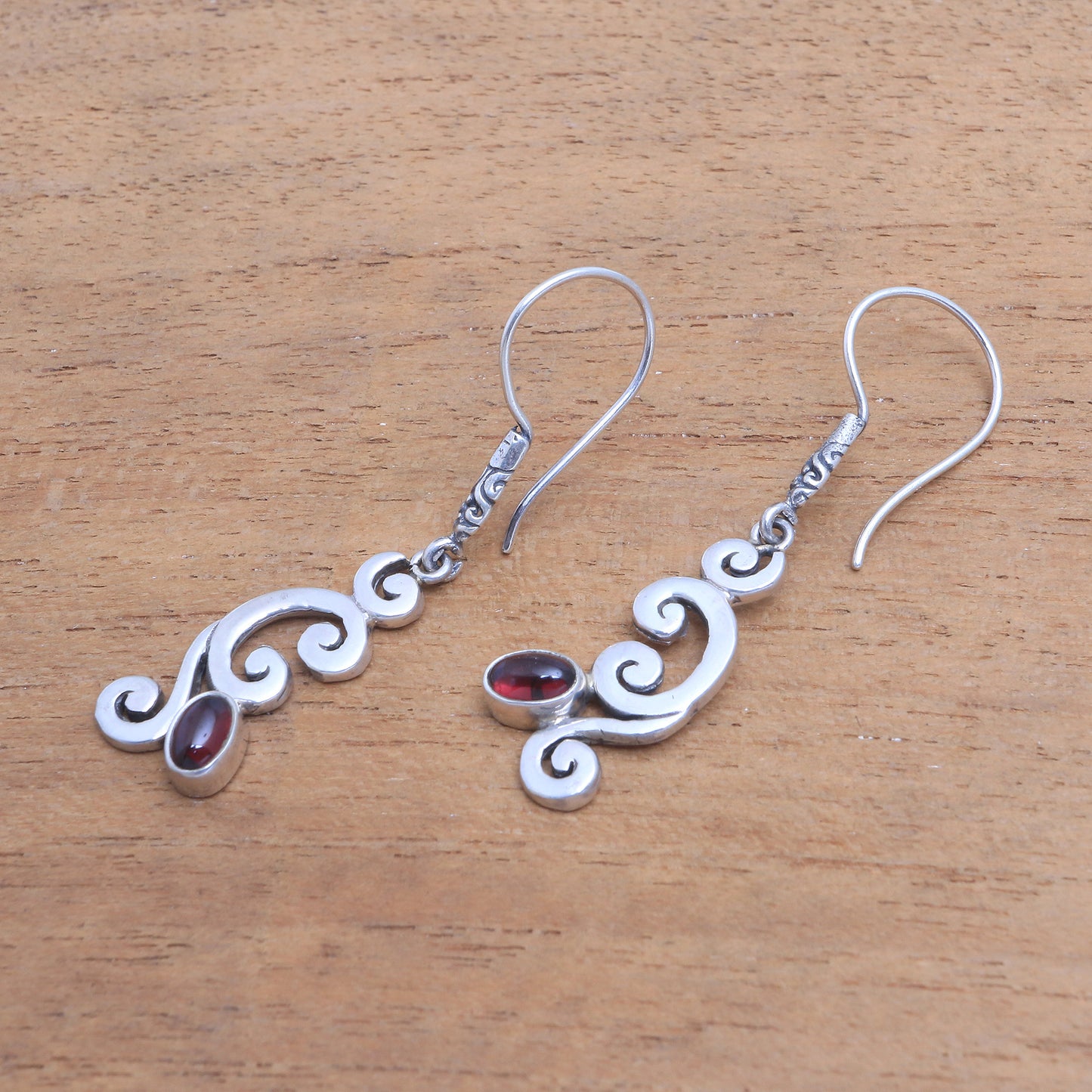 Tropical Treasure Curl Pattern Garnet Dangle Earrings from Bali