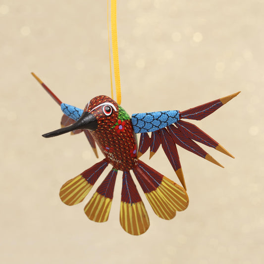 Fanciful Flutter in Red Copal Wood Red Multicolor Alebrije Hummingbird Ornament