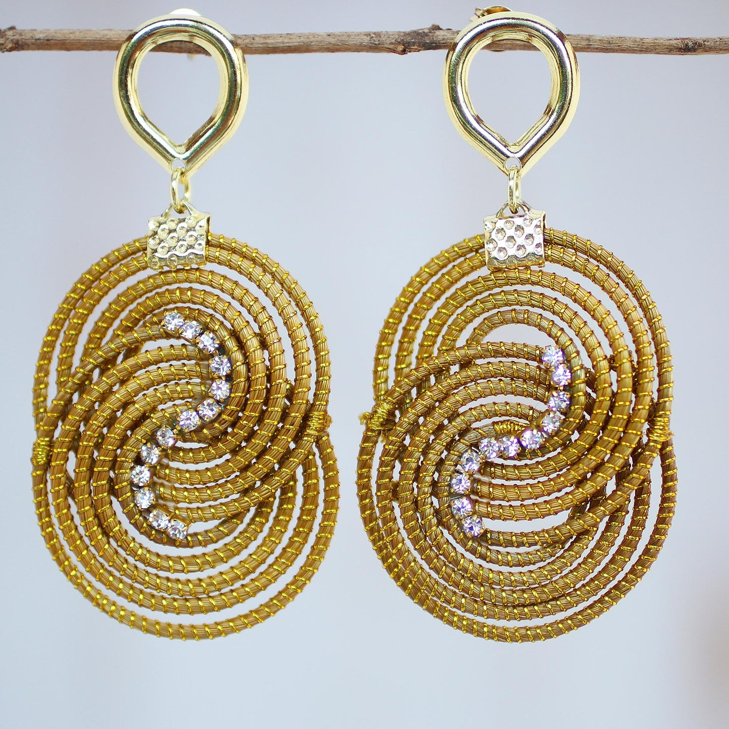 Fields of Hope Gold Plated Golden Grass Dangle Earrings with Rhinestones